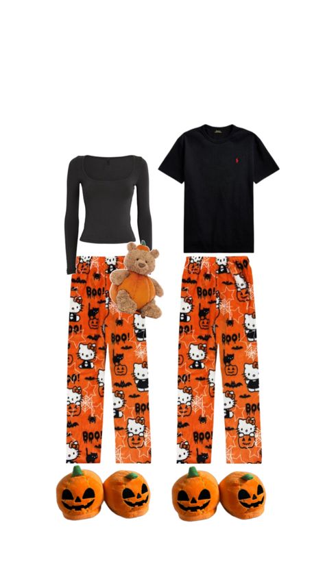 #halloween #spooky #fall #couple #aesthetic #matching #black #orange #plush #pjs #slippers #jellycat Couple Matching Pjs Halloween, Matching Pjs For Couples Halloween, Matching Christmas Outfits For Couples, Matching Couples Pjs, Halloween Loungewear, Matching Halloween Pjs, Matching Pjs For Couples, Fall Couple Aesthetic, Couple Pjs