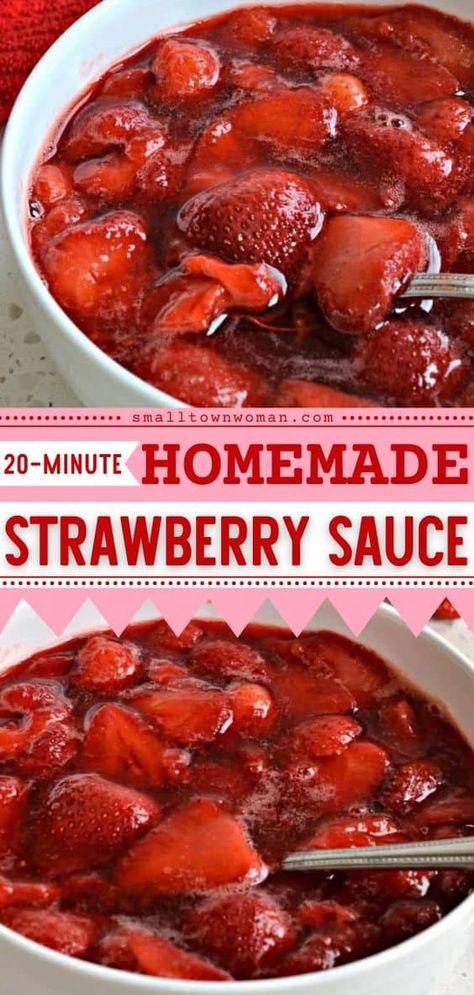 You only need three ingredients to make this homemade Strawberry Sauce! This easy sauce recipe is a delectable topping for pancakes, ice cream, cheesecakes, and more! It's the best sauce recipe! Angel Food Cake Toppings, Homemade Strawberry Sauce, Strawberry Topping, Strawberry Sauce, Easy Strawberry, Dessert Sauces, Sweet Sauce, Angel Food Cake, Food Cake