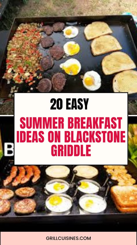 Elevate your summer mornings with these 20 easy breakfast ideas cooked on a Blackstone griddle! From fluffy pancakes to sizzling bacon and eggs, burritos, Sandwiches, tacos, pizza, and french toast these recipes are perfect for lazy summer days and outdoor gatherings. Fire up your grill and start your day with delicious summer breakfast recipes perfect for camping or large crowd. Breakfast On A Flat Top Grill, Cooking On A Griddle Recipes, Easy Griddle Breakfast Ideas, Blackstone French Toast Recipes, Eggs On The Blackstone, Grilling Breakfast Recipes, Griddle Recipes Blackstone Breakfast, Camping Breakfast Ideas Blackstone, Easy Blackstone Breakfast