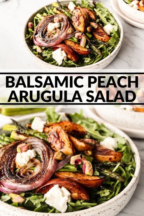 This Balsamic Peach Arugula Salad is the perfect balance of sweet and savory. You can use frozen peaches so enjoy as an entree or side any time of year. Peach Balsamic Vinegar Recipes, Peach Arugula Salad, Healthy Bruschetta, Whole 30 Foods, Balsamic Peach, Fwtfl Recipes, Balsamic Vinegar Recipes, Salad Meals, Paleo Salad