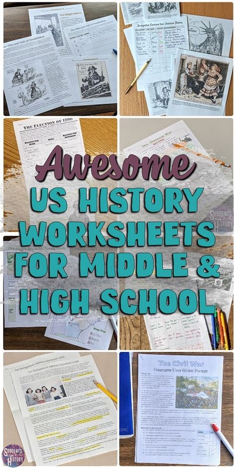 If you're looking for printable US History worksheets for your middle school or high school classroom, check out these from Students of History! Each one includes an answer key, editable Google Doc version, and more! Middle School History Classroom, Middle School Us History, Middle School History Activities, History Teacher Classroom, High School History Classroom, High School World History, 7th Grade Social Studies, Teaching Us History, Teaching American History