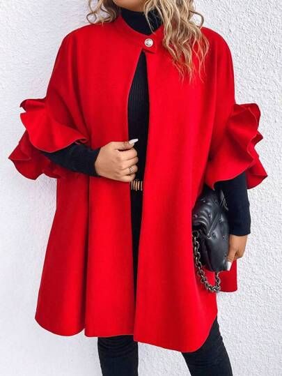 Red Overcoat, Plus Size Coats, Floral Sleeve, Wool Peacoat, Woolen Coat, Plus Size Kleidung, Color Rojo, Woman Standing, Casual Coat