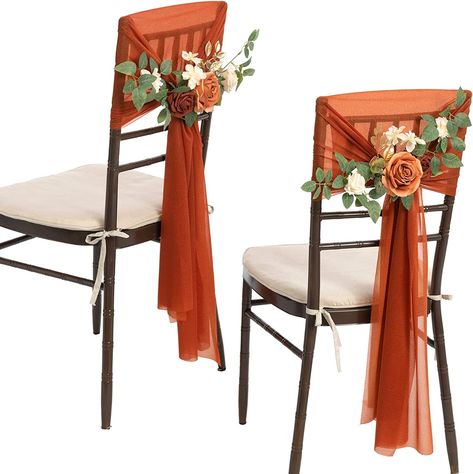 Ling's moment Aisle Floral Decorations with Drapes for Wedding Ceremony Aisle Pew and Chair Back Decoration (Set of 8, Terracotta) Wedding Chair Sashes Ideas, Drapes For Wedding, Wedding Ceremony Aisle, Wedding Ceremony Chairs, Round Wedding Tables, Chivari Chairs, White Folding Chairs, Wedding Chair Sashes, Wedding Pews