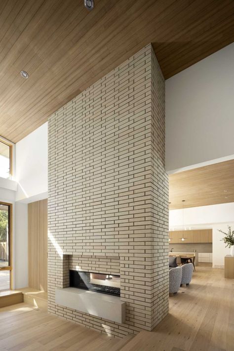 Modern Stone Fireplace, Scandinavian Fireplace, Style Californien, Wood Partition, Classic Fireplace, Midcentury House, Masonry Fireplace, California Bungalow, Double Sided Fireplace