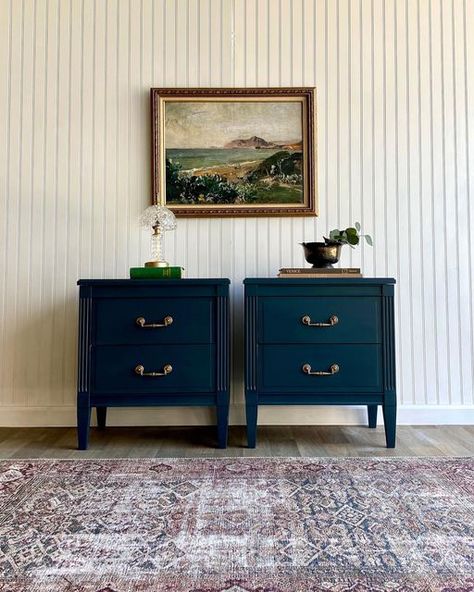 Muted Dark Blue, Aesthetic Nightstand, Blue Nightstand, Night Stands Bedroom, Vintage Nightstands, Blue Nightstands, Painted Night Stands, Staging Furniture, Rub N Buff