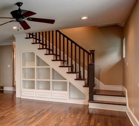 Shelving under stairs Shelves Under Stairs, Stair Bookshelf, Staircase Shelves, Stairway Storage, Under Staircase, Box Room Bedroom Ideas, Under Stairs Nook, Stairs Interior, Stair Nook