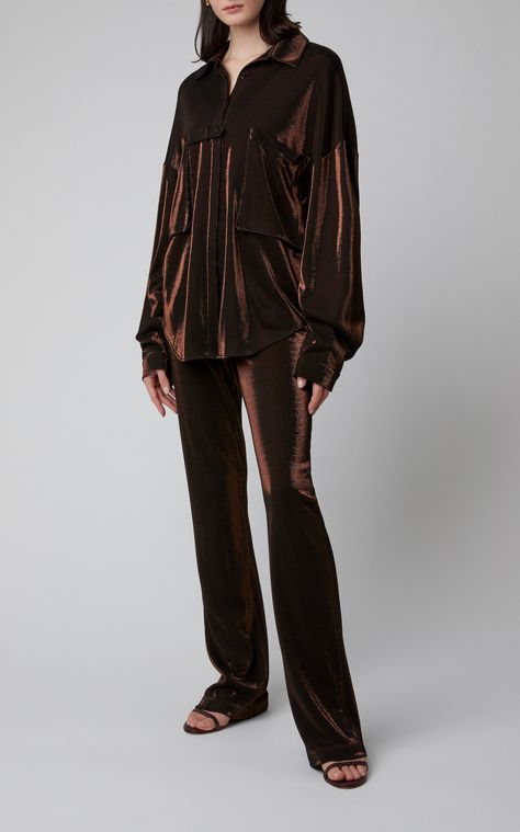 Oversized Metallic Jersey Shirt  by SALLY LAPOINTE Now Available on Moda Operandi #LESPARISIENNES #MODAEDIT Well known for its high end, distinct fabrics, Sally LaPointe's shirt is designed with one that's lightweight yet lustrous. Crafted from metallic jersey, this shirt is made in an oversized silhouette that hangs loosely off the body. It's finished with two large front patch pockets, which makes carrying a phone or scrunchie extra convenient. Velvet Outfit, Sally Lapointe, Adidas X Wales Bonner, Velvet Dress Designs, Silk Clothes, Velvet Clothes, Wales Bonner, Flatlay Styling, Fabric Inspiration