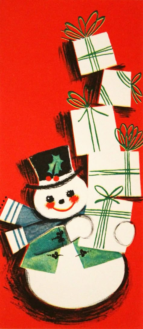 Vintage Christmas Card Christmas Cards Snowman, Stacked Presents, Snowman Pics, Snowman Top Hat, Retro Snowman, Christmas Card Images, Retro Christmas Cards, Snowman Christmas Cards, Vintage Snowman