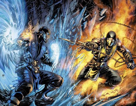 Mortal Kombat X - Sub-Zero vs. Scorpion by Ivan Reis * Arte Ninja, Claude Van Damme, Zero Wallpaper, Finish Him, Painting Poster, Wall Pictures, Roronoa Zoro, Fire And Ice, Video Game Art