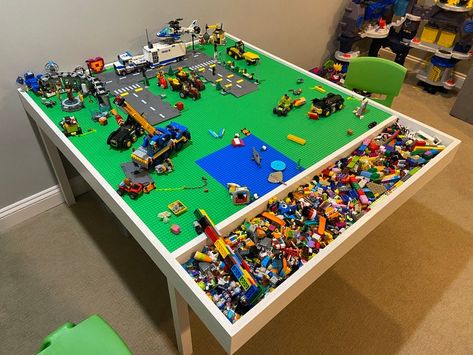 Repurposed Lego Table, Lego Building Table For Adults, Lego Tables With Storage, Custom Lego Table, Lego Building Table Ideas, How To Build A Lego Table, Teen Hangout Ideas, Lego Table Diy Homemade, Basement Kids Hangout