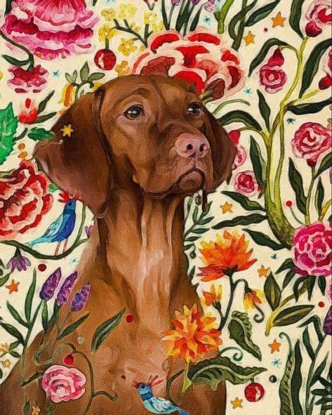 Dog In Flower Field Painting, Dog With Flowers Drawing, Viszlas Dog, Finding My Peace, Fancy Background, Dog Portraits Illustration, Dogs Painting, Dog Design Art, Vizsla Dog