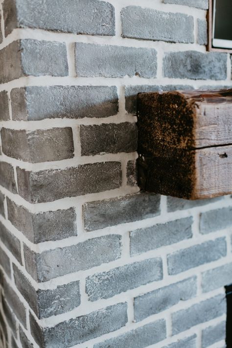 Gray Brick Fireplace, Grey Painted Brick, Brick Paint Colors, Gray Brick Wall, Brick Farmhouse, Fireplace Home, Grey Fireplace, Gray Brick, Brick Hearth