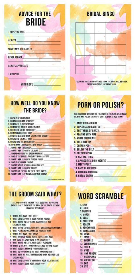 6 Printable Bachelorette Party + Bridal Shower Games | Brit + Co Hen Do Games, Wedding Party Games, Bridal Party Games, Hen Do Ideas, Maid Of Honor Duties, Hen Party Games, Hen Weekend, Bridal Bingo, Bridal Games