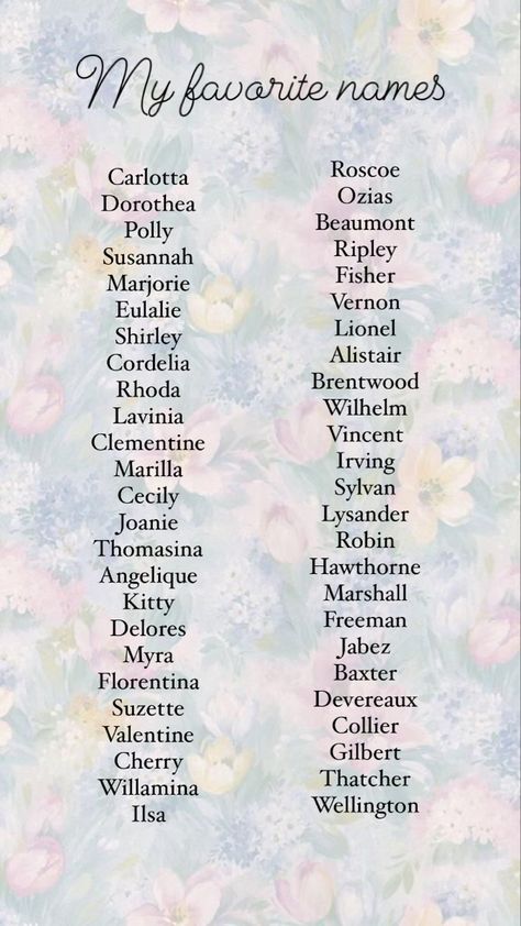 My favorite baby names list Victorian Names Girl, Vintage Female Names, Vintage Names Girl, Vintage Last Names, Coquette Names, Female Names With Meaning, Y2k Names, Vintage Girl Names, Fantasy Character Names