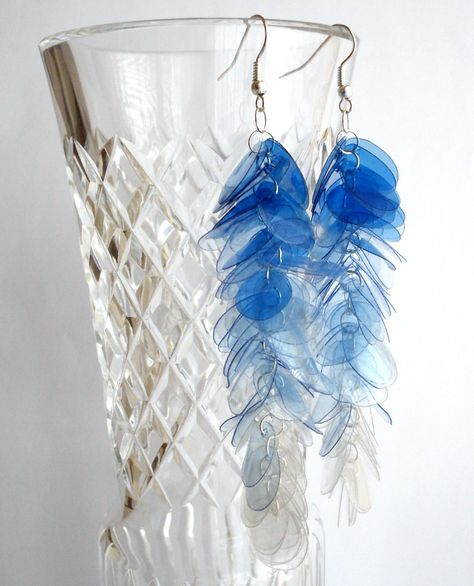 Upcycle Plastic, Recycled Earrings, Plastic Bottle Flowers, Plastic Bottle Art, Eco Jewelry, Bottle Earrings, Bottle Jewelry, Plastic Earrings, Blue Dangle Earrings