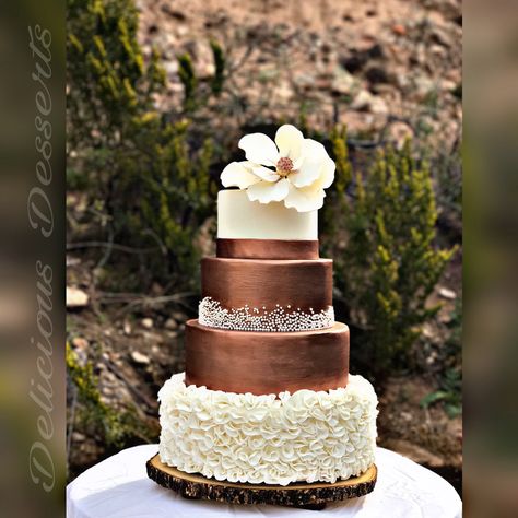 Ruffles, bronze, Magnolia flower, wedding cake Bronze Cake Ideas, Brown Wedding Cake Ideas, Bronze Wedding Cake, Black And Copper Wedding Cake, Bronze Wedding Theme, Magnolia Wedding Cake, Magnolia Flower Wedding, Brown Wedding Cake, Copper Wedding Cake