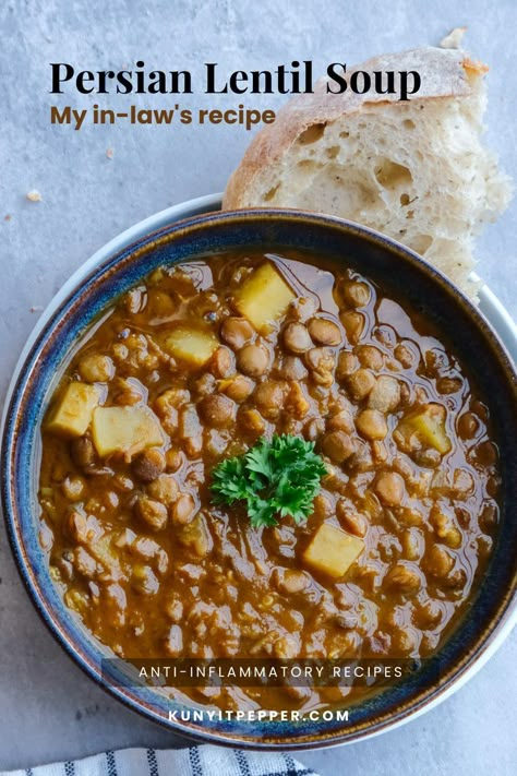 This food holds a special place in my heart as it is inspired by my mother-in-law. It’s called Adasi in the Iranian language, internationally known as Persian Lentil Soup. Often served as a breakfast food, this soup is also perfect to enjoy anytime in the day. Persian Lentil Soup Recipe, Persian Food Vegetarian, Persian Food Iranian Cuisine, Vegetarian Lentil Soup, Afghan Food Recipes, Iranian Recipes, Iranian Cuisine, Homemade Cookbook, Persian Cuisine