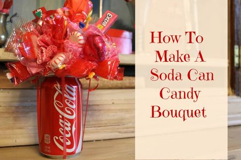 Miss Kopy Kat: How To Make A Soda Can Candy Bouquet Soda Can Candy Bouquet, Mesh Garland, Deco Mesh Garland, Candy Bouquet Diy, Deco Mesh Wreaths Diy, Mesh Wreath Tutorial, Fundraiser Ideas, Bazaar Crafts, Mesh Wreath Diy