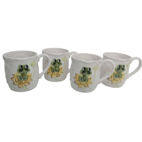 Vintage Sears Roebuck 1978 Neil The Frog Ceramic Coffee Mugs Set Of 4 AS IS Frog Mug, Coffee Mugs Set, Frog Design, Ceramic Coffee Mugs, Coffee Mug Sets, The Frog, Green And Yellow, Room Themes, Lily Pads