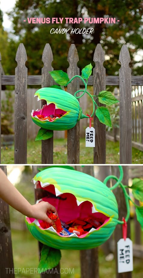 How to make a Venus Fly Trap Pumpkin Candy Holder DIY - MichaelsMakers The Paper Mama Venus Fly Trap Pumpkin, Candy Holder Diy, Tropisk Fest, Pumpkin Candy Holder, Diy Halloween Dekoration, Halloween Decor Diy, Easy Diy Halloween Decorations, Casa Halloween, Adornos Halloween