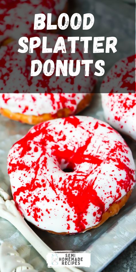 A blood splatter dessert that is perfect for Halloween. You only need a few things like, Donuts, a powdered sugar frosting and food coloring for this spooky dessert! Halloween Donuts Ideas Easy, Blood Splatter Cake, Horror Themed Food, Horror Food Ideas, Halloween Donuts Ideas, Ghostface Party, Derby Desserts, Halloween Baked Goods, Halloween Bakes