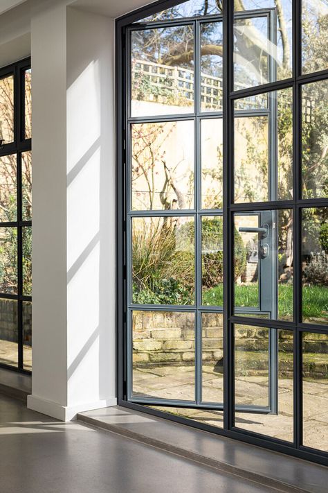 Glass Patio Doors Ideas, Modern French Windows, Glass Walls In House Exterior, Steel Window Design, Windows Aluminium, Metal Window Frames, Steel French Doors, Patio Windows, Crittal Windows