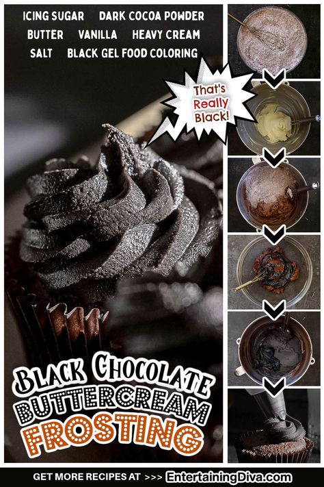 Black Chocolate Buttercream Frosting That's Really Black | Halloween Recipes Halloween Sides, Halloween Treats For Coworkers, Halloween Cupcake Designs, Treats For Coworkers, Halloween Cookies Easy, Graveyard Cupcakes, Halloween Cupcake Design, Easy Halloween Desserts, Halloween Treats Recipes