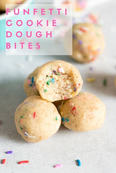 Funfetti Cookie Dough Bites Funfetti Cookie Dough, Edible Sugar Cookie Dough, Eggless Sugar Cookies, Sugar Cookie Dough Recipe, Cookie Dough Ingredients, Edible Cookie Dough Recipe, Funfetti Cookies, Healthy Cookie Dough, Vegan Cookie Dough