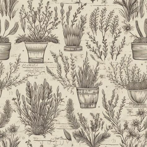 Premium AI Image | Seamless pattern with pots of herbs and flowers on a vintage background. Herb Background, Herbs Wallpaper, Herbs And Flowers, Vintage Background, 8k Wallpaper, Herb Pots, Pattern Seamless, Background Vintage, Backgrounds Free