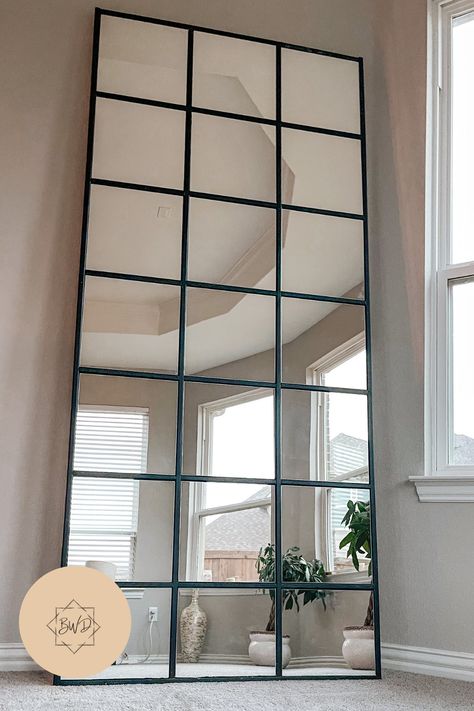 Large 8ft grid mirror using IKEA lots mirrors. Diy Large Wall Mirror, Lounge Mirror Ideas, Ikea Large Mirror Hack, Industrial Wall Mirror Living Rooms, Grid Mirror Living Rooms, Large Wall Mirror Ideas, Lots Ikea, Grid Mirrors, Ikea Lots Mirror Hack