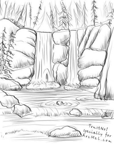 Psalm 42:7 Zoo Drawing, Waterfall Drawing, Landscape Pencil Drawings, Landscape Sketch, Nature Drawing, Pencil Art Drawings, Landscape Drawings, A Pencil, Art Drawings Sketches Simple