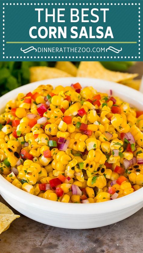 This corn salsa is fresh corn kernels combined with lime juice, cilantro, red onion and two types of peppers to make a light and refreshing dip. Sweet Corn Salsa Recipe, Copycat Chipotle Corn, Roasted Corn Salsa Recipe, Sweet Corn Salsa, Chipotle Corn Salsa, Chipotle Corn, Roasted Green Chili, Mexican Food Recipes Appetizers, Roasted Corn Salsa