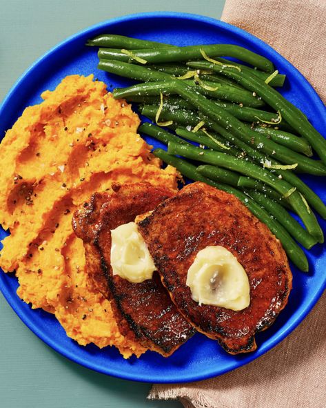 Easy pork recipe with sweet potato mash and green beans | More recipes on www.HelloFresh.com Hello Fresh Pork, Easy Pork Recipe, Hello Fresh Dinners, Pork Cutlet Recipes, Sweet Potato Recipes Mashed, Pork Recipes Easy, Cutlets Recipes, Hello Fresh Recipes, Pork Cutlets