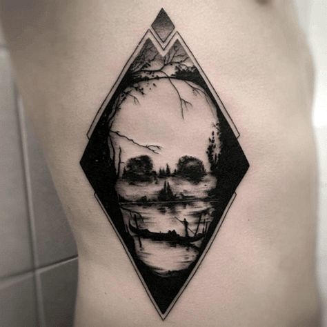 Triangle Skull Nature Lake Optical Illusion Mens Rib Cage Side Tattoo Design Tattoo Crane, Scenery Tattoo, Lake Tattoo, Optical Illusion Tattoo, Landscape Tattoo, Awesome Tattoos, Skull Tattoo Design, Side Tattoos, Black Work