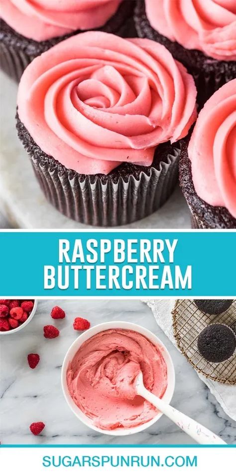 My Raspberry Buttercream recipe makes a fresh raspberry frosting that's bursting with natural flavor and color. It pipes beautifully on cakes, cupcakes, macarons, and more. Recipe includes a how-to video! Frosting Flavors, Lemon Raspberry Cupcakes, Sweet Deserts, Raspberry Buttercream Frosting, Sugar Spun Run, Valentine Cupcakes, Buttercream Icing Recipe, Raspberry Frosting, Icing Ideas