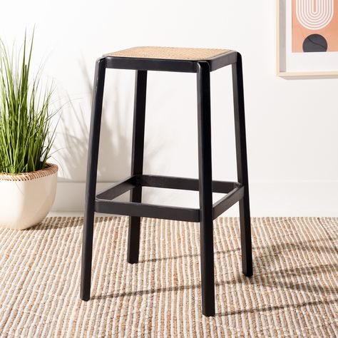 SAFAVIEH Silus Backless Cane Bar Stool - 18" W x 18" D x 30" H - Bed Bath & Beyond - 36047250 Stool Height, Wood Counter, Contemporary Chic, Furniture Dining Chairs, Wood Dust, Table Height, Furniture Hardware, Furniture Outlet Stores, Chic Home