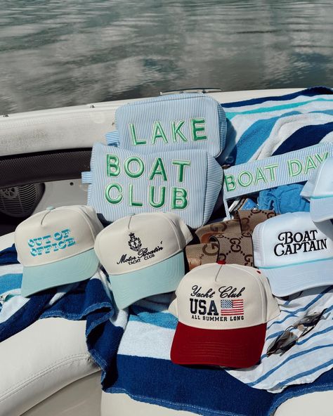 wishing I was out of office on this Monday 🤪🤪 this is the perfect hat to rock all summerrrr long!! #kenzkustomz #taptoshop Boat Gifts, Lake Essentials, Boat Club, Lake Gifts, Clear Pouch, Boat Day, Vintage Trucker Hat, Lake Days, Day Club