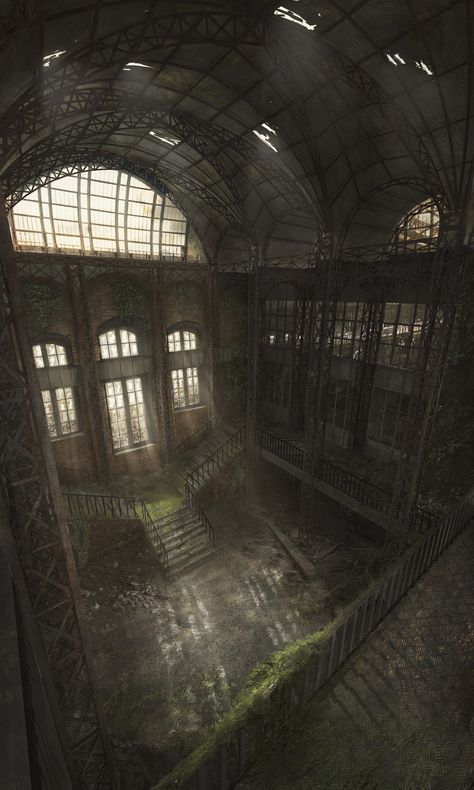 Abandoned factory hall, Alexandra Tretyakova on ArtStation at https://www.artstation.com/artwork/bZGDg Old Factories Abandoned, Abandoned Factory Concept Art, Abandoned Factory Aesthetic, Steampunk Factory Concept Art, Abandoned Steampunk, Abandoned Warehouse Aesthetic, Factory Background, Warehouse Aesthetic, Factory Aesthetic