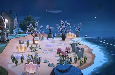 Acnh Beach Ideas Fairycore, Mermaid Island Animal Crossing, Acnh Fairycore Beach, Acnh Mermaid Beach, Animal Crossing Beach House, Beach Ideas Animal Crossing, Acnh Stargazing Area, Terraforming Acnh, Acnh Fairycore Island