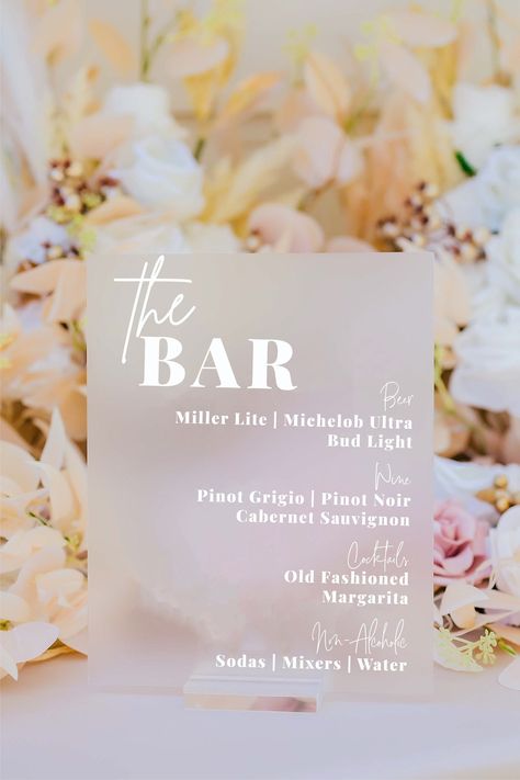 Click on the following link to browse HUNDREDS more designs in our shop!! www.etsy.com/shop/pinkposiesandpearls Bar Menu Signature Cocktails Custom Clear Glass Look Acrylic Wedding Quote Sign with Dark Walnut Wooden Base or Clear/Silver Stand | Welcome to Pink Posies and Pearls Wedding and Gift Boutique | We love the sleek, clean lines of these wedding acrylic signs! This acrylic is a display material that is strong, moisture resistant & visually clearer than glass, not to mention shatterproof! Cocktail Table Sign, Acrylic Dinner Menu Sign, Wedding Table Acrylic Sign, Wedding Drink Menu Sign Acrylic, The Bar Sign Wedding, Acrylic Drink Sign, Clear Wedding Signs, Bar Signs For Wedding, Reception Extras