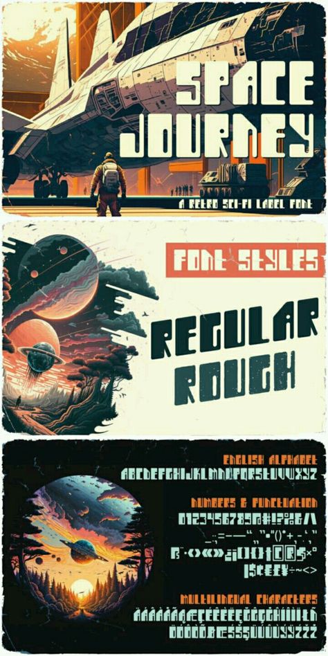 Space Journey is a retro Sci-Fi label display font inspired by movie posters from the 60s and 70s. This font will look good on any retro Sci-Fi styled design such as posters, T-shirts, labels, logos, and many more. Add it now to your library, and start creating amazing designs! Space Letters Fonts, Sci Fi Poster Design, Scifi Graphic Design, Futuristic Advertising, Scifi Typography, Sci Fi Typography, Sci Fi Graphic Design, Vintage Sci Fi Art, Sci Fi Poster