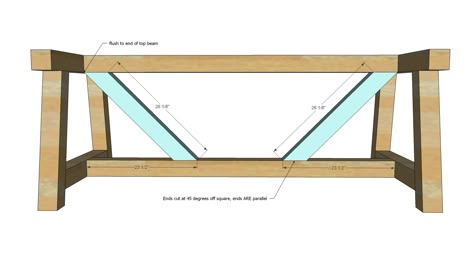 Step 2 Instructions:  Attach the two legs together with the center beams. Farmhouse Truss Table, Truss Beam Table, 4x4 Table, Truss Table, Beam Table, Walnut Tables, Woodworking Table Plans, Diy Patio Table, Build A Farmhouse Table