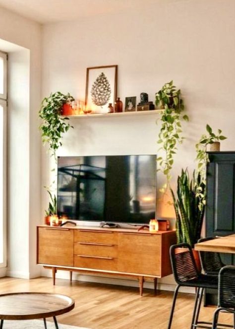 Over Tv Shelf, Plant Shelf Above Tv, Plants Above Tv, Shelf Over Tv Living Room, Shelf Above Tv Living Room, Behind Tv Decor, Above Tv Shelf, Dresser Wall Decor, Shelf Over Tv