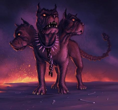 Greek Mythology Cerberus, Cerberus Skeleton, 3 Headed Dog, Cerberus Art, Greek Mythological Creatures, Spiked Collar, Dnd Monsters, Hades And Persephone, Mythical Creatures Art