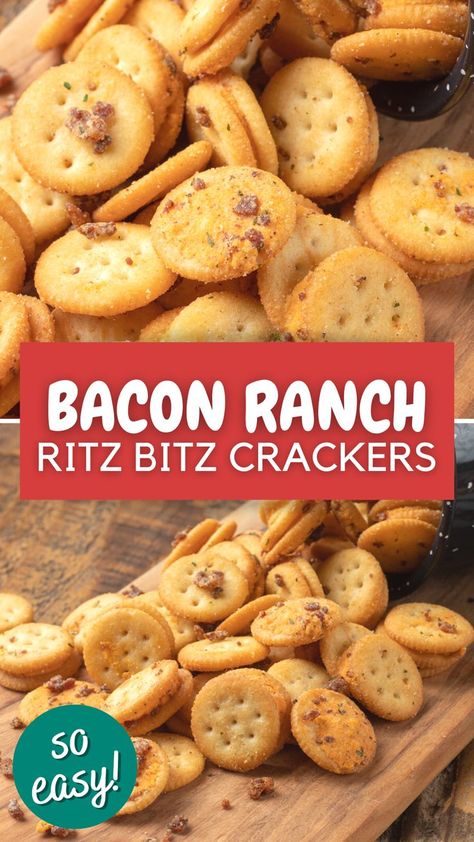 Bacon Ranch Crackers are an easy snack packed with zesty cheesy flavor! Cheese Ritz Bits are oven baked with ranch seasoning and bacon bits in this 30 minute recipe. This is a great recipe for movie nights, school and lunch snacks, and the perfect appetizer for game days! Ranch Crackers, Ritz Bits, Cheesy Ranch, Easy Bacon, Appetizers Easy Finger Food, Bacon Ranch, Ranch Seasoning, Bacon Bits, 30 Minute Meals