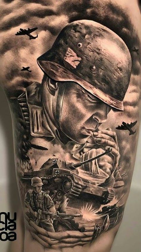 Ww2 Tattoo Ideas, Soldier Tattoo Design, Ww2 Tattoo, Military Sleeve Tattoo, Patriotic Flower Arrangements, Dragon Hand Tattoo, Air Force Tattoo, Tank Tattoo, Germany Tattoo