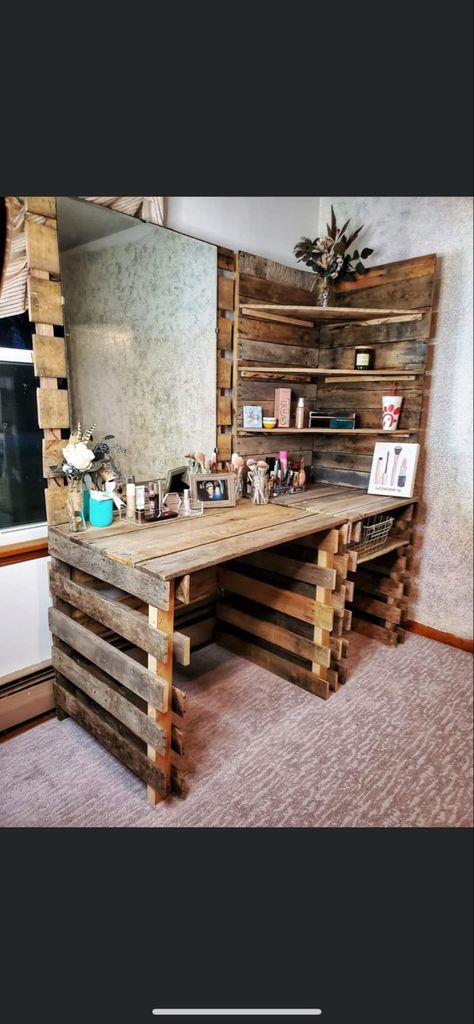 Western Makeup Organizer, Western Vanity, Homemade Vanity, Warren Zeiders, Pallet Vanity, Diy Pallet Vanity, Diy Vanity Table, Pallet Dresser, Western Room Ideas