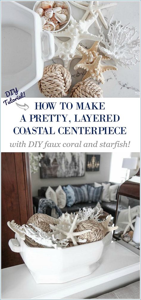 Coastal Coffee Table Decor, Coastal Centerpiece Ideas, Coastal Centerpiece, Coastal Table Decor, Coastal Coffee Table, Summer Centerpieces, Coastal Dining, Coastal Summer, Pottery Barn Inspired