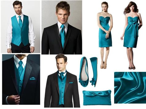 Oasis Bridesmaid Dress, Vest and Tie : PANTONE WEDDING Styleboard : The Dessy Group Teal Prom Dresses, Pantone Wedding, Teal Wedding Colors, Teal Bridesmaid, Teal Bridesmaid Dresses, Wedding Tux, Wedding Dresses Black, Dress Vest, Vert Turquoise