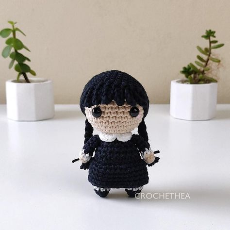 Wednesday Amigurumi Crochet pattern by Crochethea Wednesday Crochet, Crochet Wednesday, Crochet Pour Halloween, Crochet Pumpkins, Halloween Decoration Ideas, Pola Amigurumi, Crochet Fun, Crochet Amigurumi Free, The Addams Family